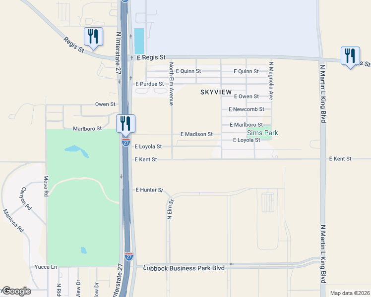 map of restaurants, bars, coffee shops, grocery stores, and more near 509 East Kent Street in Lubbock