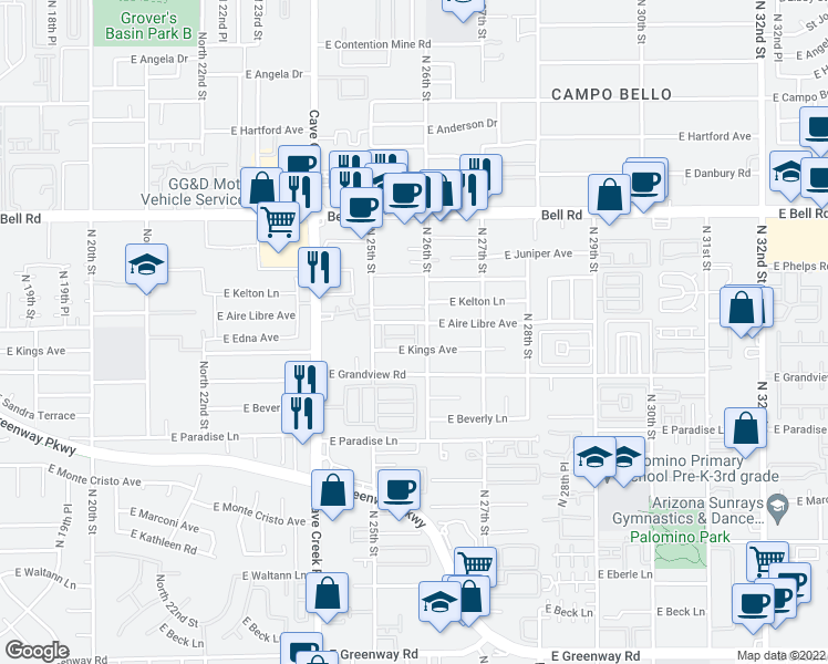 map of restaurants, bars, coffee shops, grocery stores, and more near 2527 East Kings Avenue in Phoenix