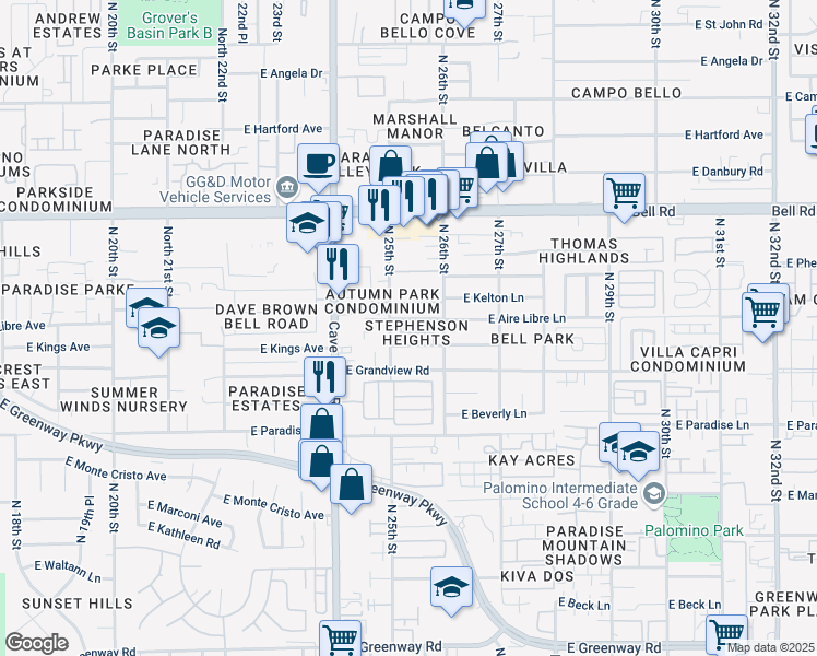 map of restaurants, bars, coffee shops, grocery stores, and more near 2527 East Kings Avenue in Phoenix