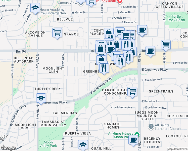 map of restaurants, bars, coffee shops, grocery stores, and more near 110 East Greenway Parkway in Phoenix
