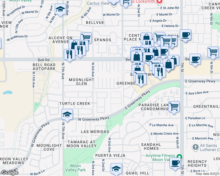 map of restaurants, bars, coffee shops, grocery stores, and more near 131 West Fellars Drive in Phoenix
