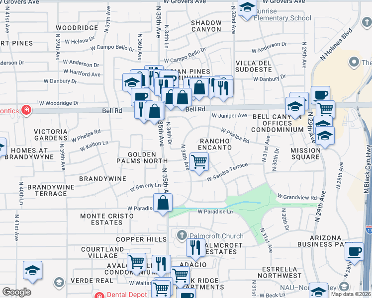 map of restaurants, bars, coffee shops, grocery stores, and more near 3402 West Aire Libre Avenue in Phoenix