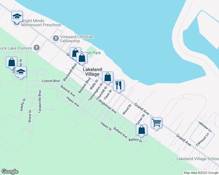 map of restaurants, bars, coffee shops, grocery stores, and more near 33071 Case Street in Lake Elsinore