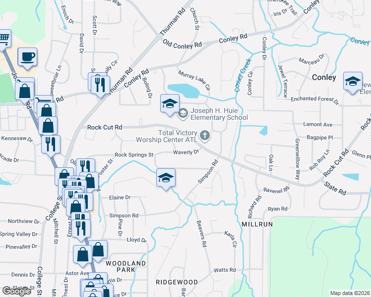 map of restaurants, bars, coffee shops, grocery stores, and more near 1280 Waverly Drive in Forest Park