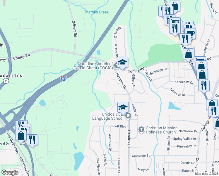 map of restaurants, bars, coffee shops, grocery stores, and more near 512 Springwood Drive in Forest Park