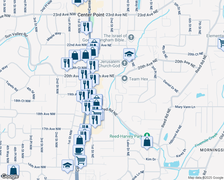 map of restaurants, bars, coffee shops, grocery stores, and more near 1825 Martinique Drive in Center Point