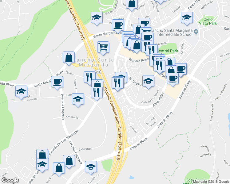 map of restaurants, bars, coffee shops, grocery stores, and more near 2 Sevilla in Rancho Santa Margarita