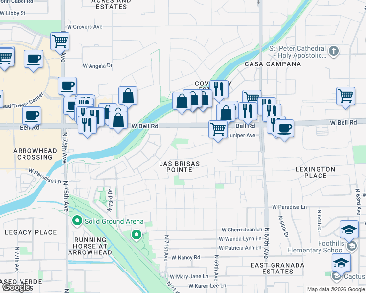 map of restaurants, bars, coffee shops, grocery stores, and more near 6962 West Juniper Avenue in Peoria
