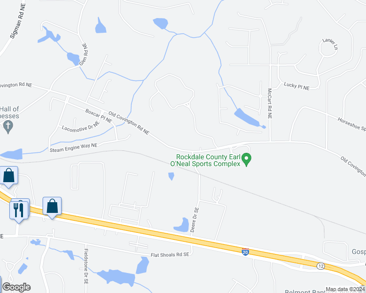 map of restaurants, bars, coffee shops, grocery stores, and more near 2690 Old Covington Road Northeast in Conyers