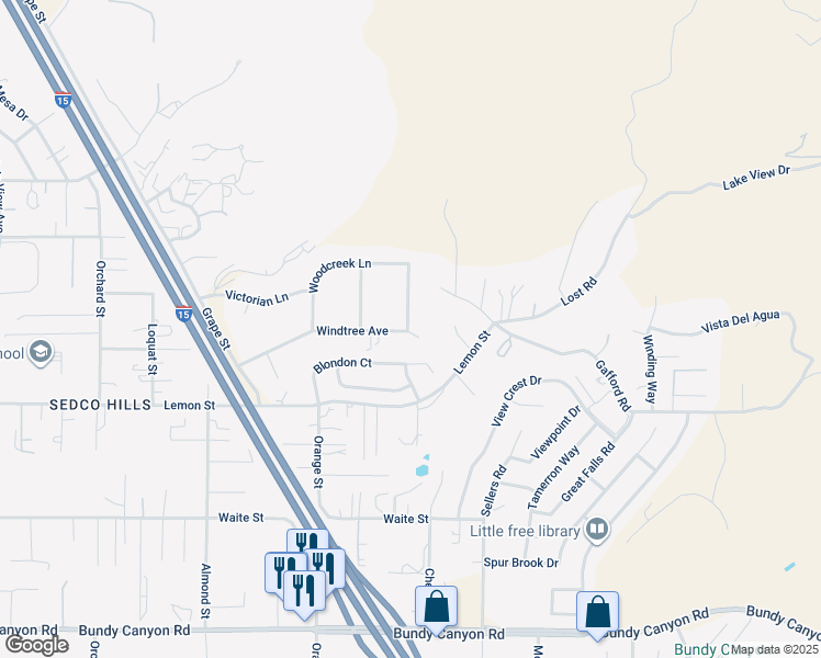 map of restaurants, bars, coffee shops, grocery stores, and more near 33350 Windtree Avenue in Wildomar