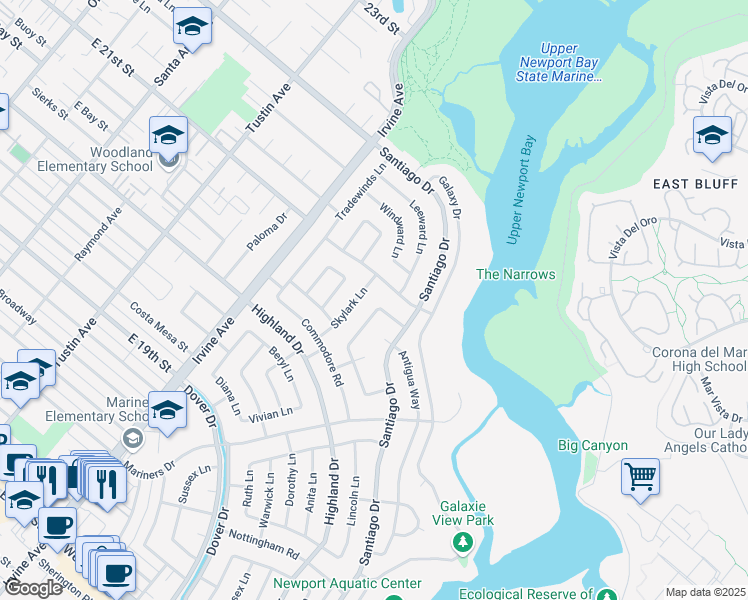 map of restaurants, bars, coffee shops, grocery stores, and more near 1751 Candlestick Lane in Newport Beach