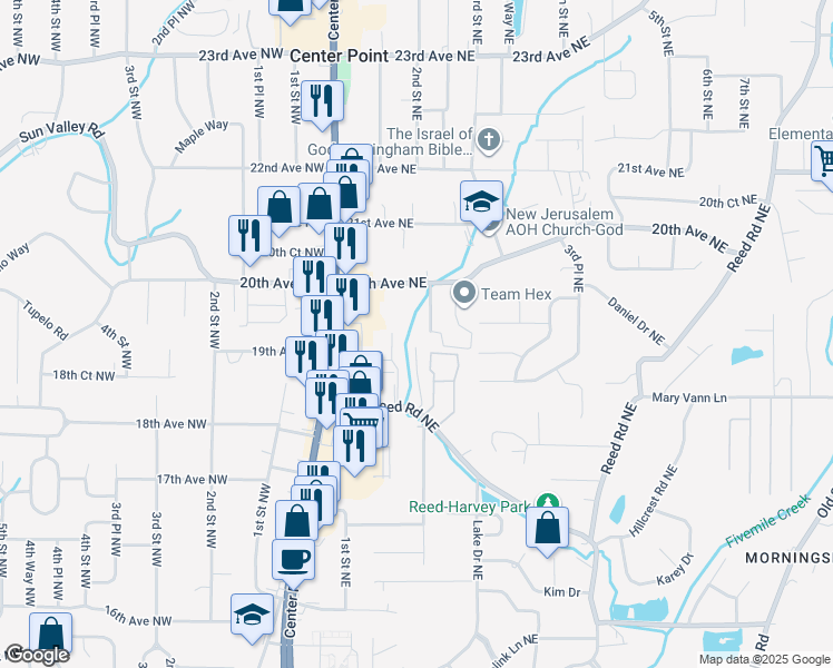 map of restaurants, bars, coffee shops, grocery stores, and more near 1825 Martinique Drive in Center Point