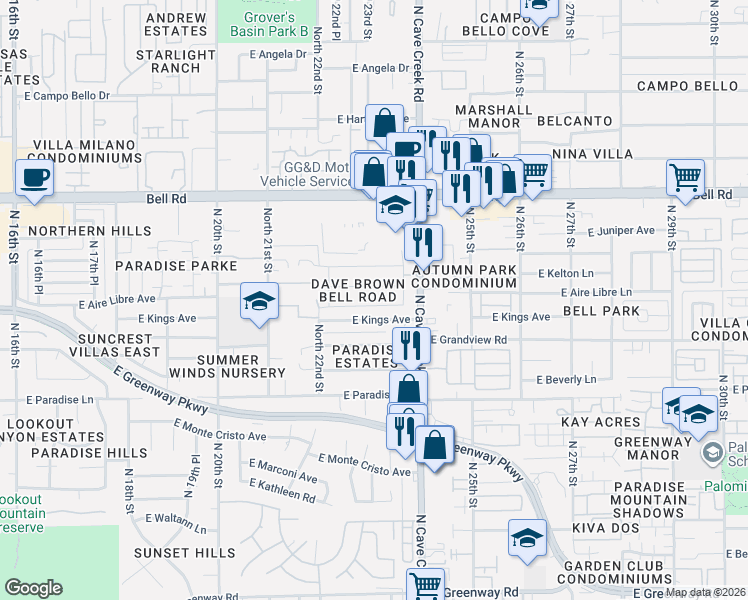map of restaurants, bars, coffee shops, grocery stores, and more near 2302 East Edna Avenue in Phoenix