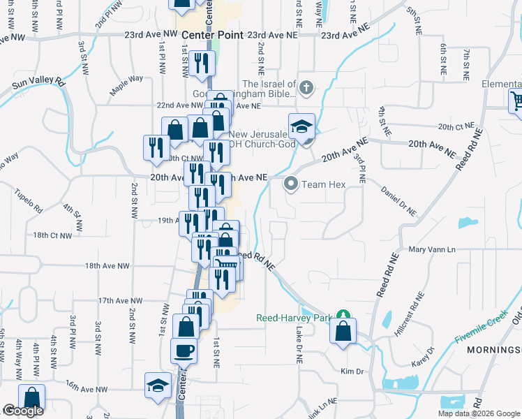 map of restaurants, bars, coffee shops, grocery stores, and more near 1936 2nd Street Northeast in Center Point