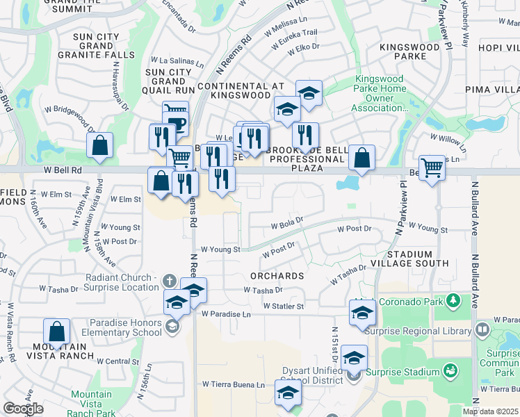 map of restaurants, bars, coffee shops, grocery stores, and more near 15342 West Bola Drive in Surprise