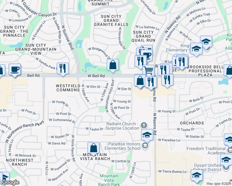 map of restaurants, bars, coffee shops, grocery stores, and more near 15858 West Young Street in Surprise