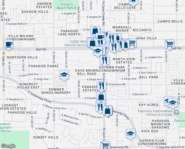 map of restaurants, bars, coffee shops, grocery stores, and more near 2229 East Kings Avenue in Phoenix