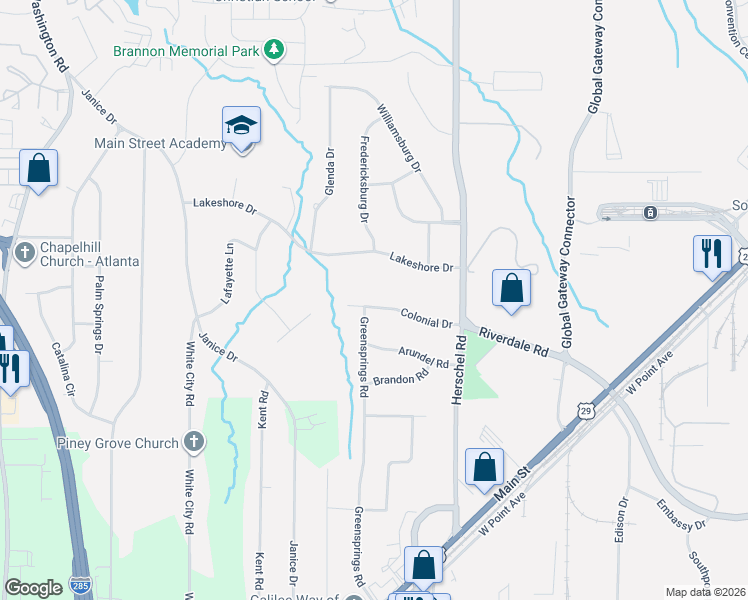 map of restaurants, bars, coffee shops, grocery stores, and more near 2640 Colonial Drive in College Park