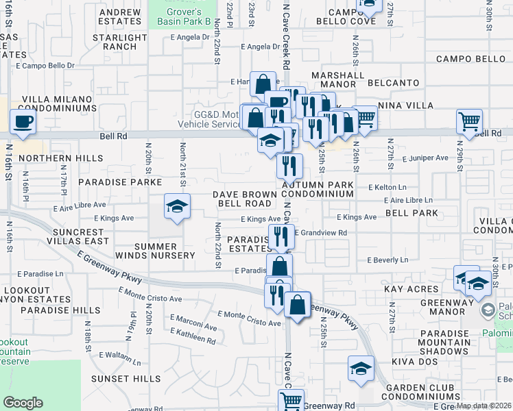 map of restaurants, bars, coffee shops, grocery stores, and more near 2302 East Edna Avenue in Phoenix