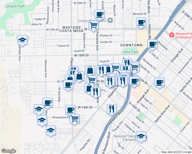 map of restaurants, bars, coffee shops, grocery stores, and more near 1719 Pomona Avenue in Costa Mesa
