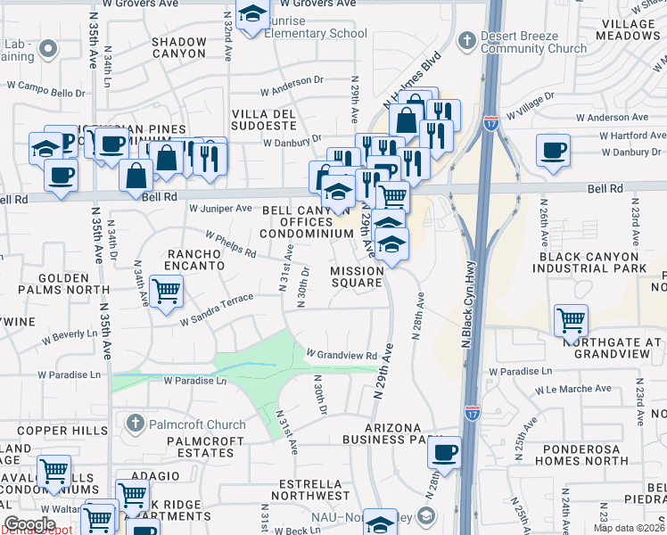 map of restaurants, bars, coffee shops, grocery stores, and more near 3009 West Kelton Lane in Phoenix