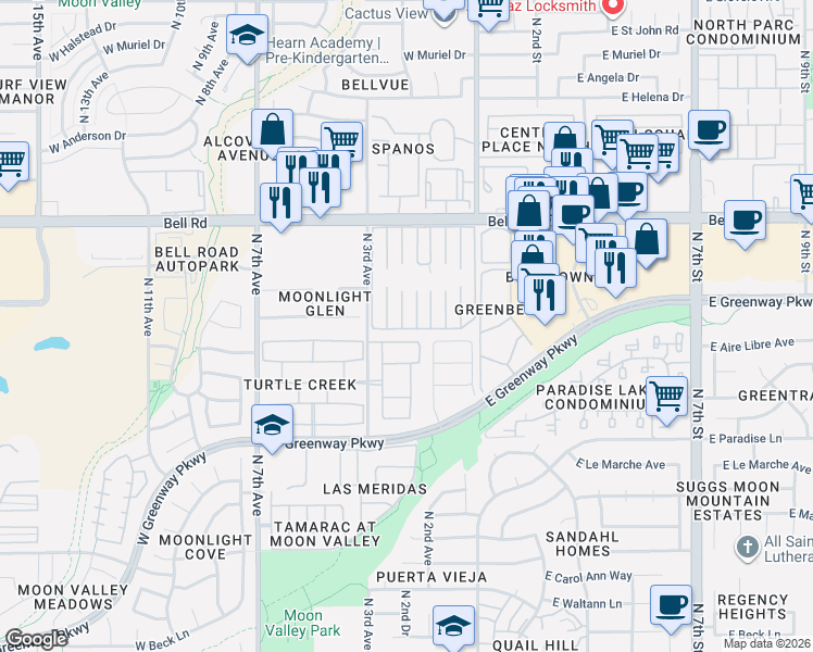 map of restaurants, bars, coffee shops, grocery stores, and more near 16601 North 2nd Drive in Phoenix