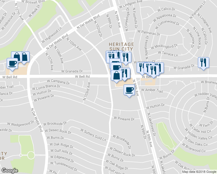 map of restaurants, bars, coffee shops, grocery stores, and more near 10101 West Campana Drive in Sun City