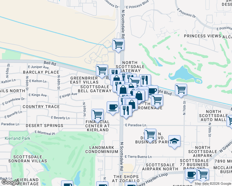 map of restaurants, bars, coffee shops, grocery stores, and more near 33740 North 71st Street in Scottsdale