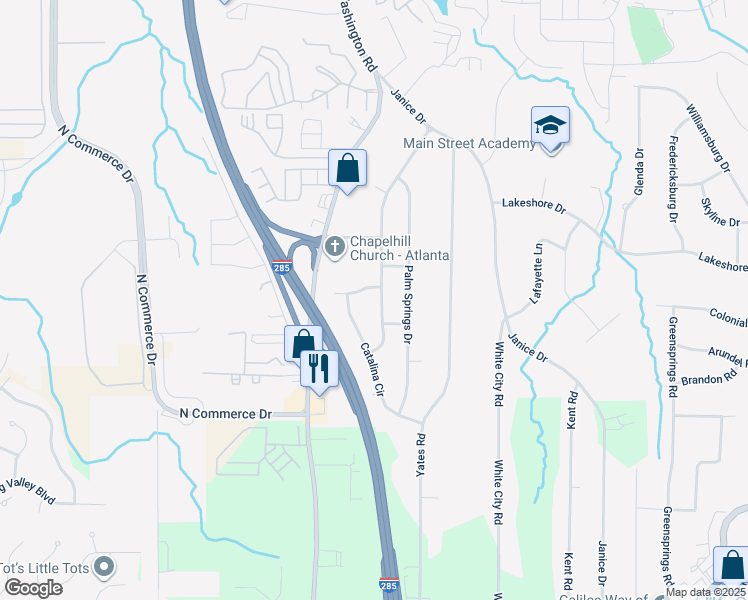 map of restaurants, bars, coffee shops, grocery stores, and more near 4373 Sun Valley Boulevard in East Point
