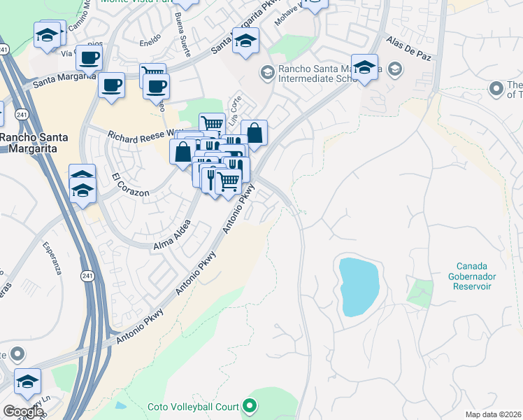 map of restaurants, bars, coffee shops, grocery stores, and more near 44 Santa Agatha in Rancho Santa Margarita