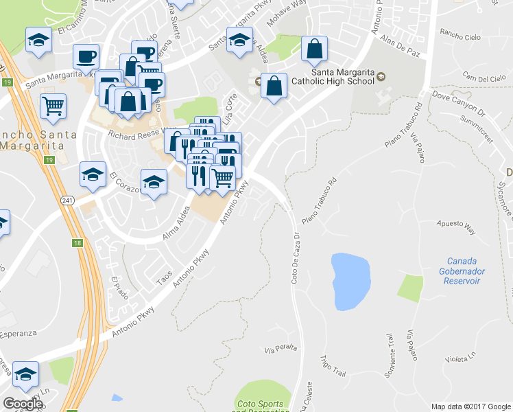map of restaurants, bars, coffee shops, grocery stores, and more near 63 Santa Loretta in Rancho Santa Margarita