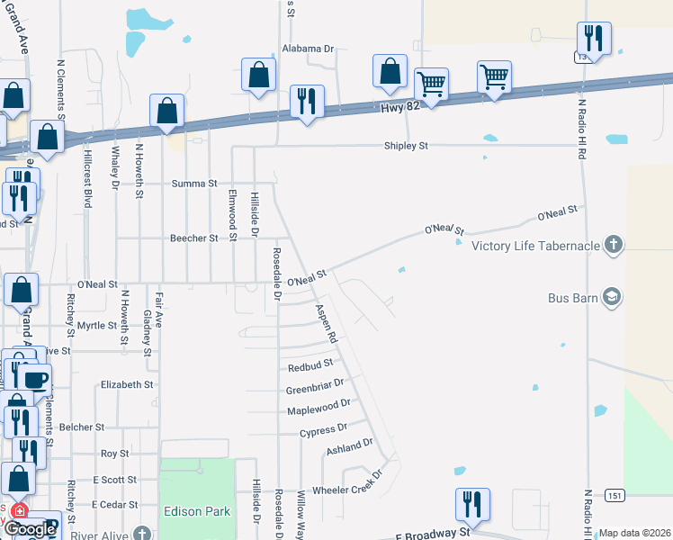 map of restaurants, bars, coffee shops, grocery stores, and more near 1104 Aspen Road in Gainesville
