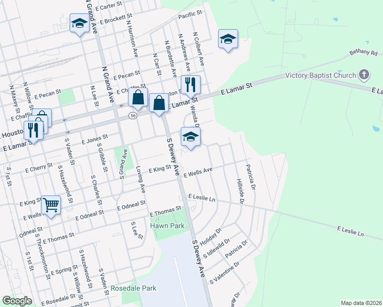 map of restaurants, bars, coffee shops, grocery stores, and more near 521 South Dewey Avenue in Sherman