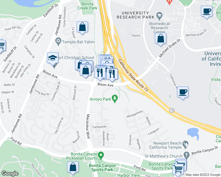 map of restaurants, bars, coffee shops, grocery stores, and more near 9217 Residencia in Newport Beach