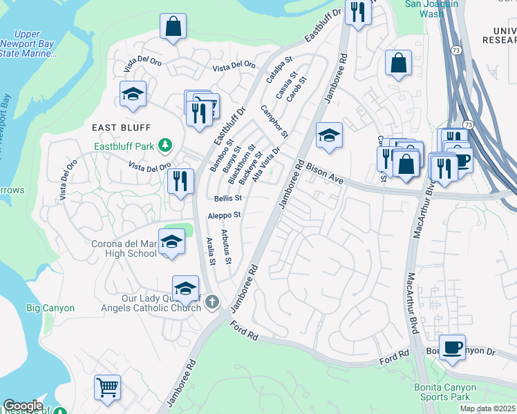 map of restaurants, bars, coffee shops, grocery stores, and more near 912 Aleppo Street in Newport Beach