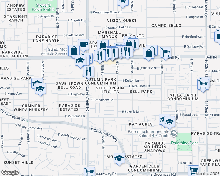 map of restaurants, bars, coffee shops, grocery stores, and more near 2525 East Aire Libre Avenue in Phoenix