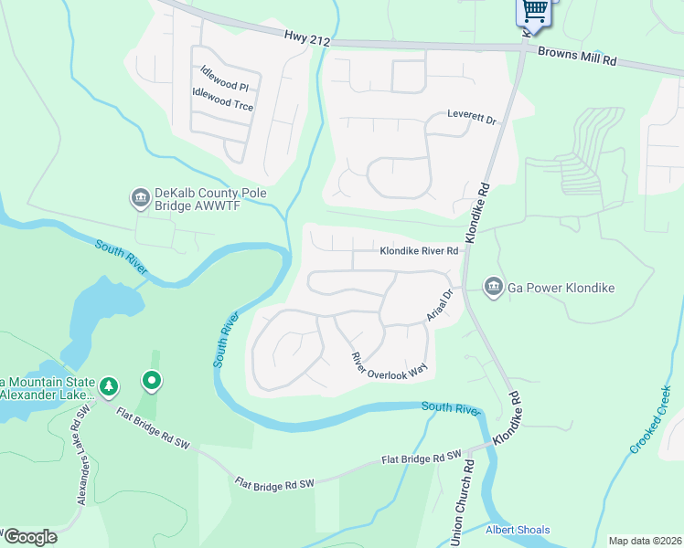 map of restaurants, bars, coffee shops, grocery stores, and more near 6259 Klondike River Road in Stonecrest