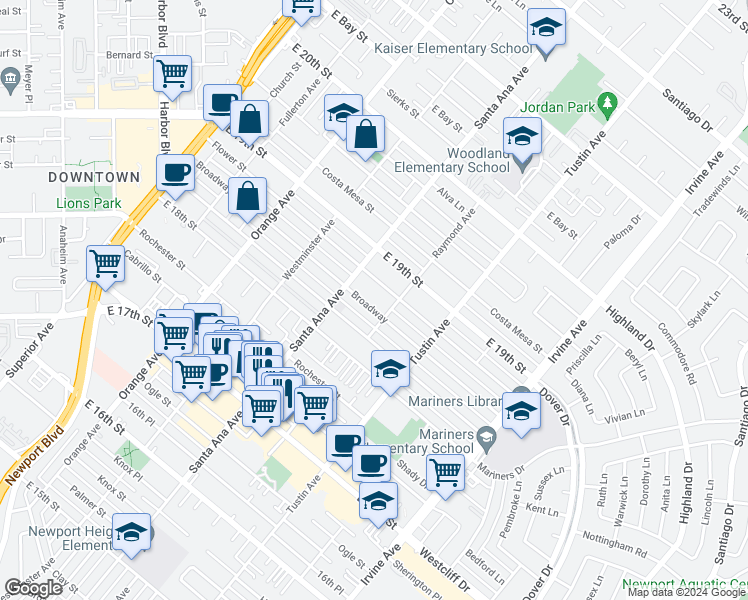map of restaurants, bars, coffee shops, grocery stores, and more near 303 Flower Street in Costa Mesa