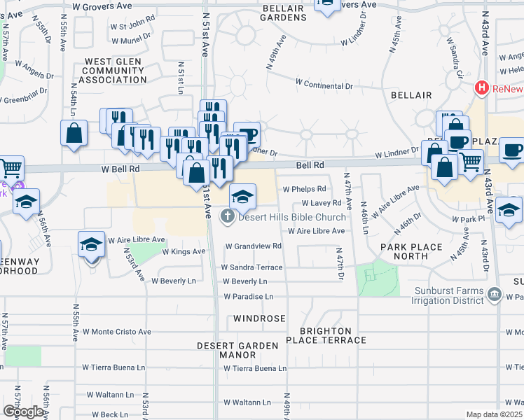 map of restaurants, bars, coffee shops, grocery stores, and more near 4925 West Phelps Road in Glendale