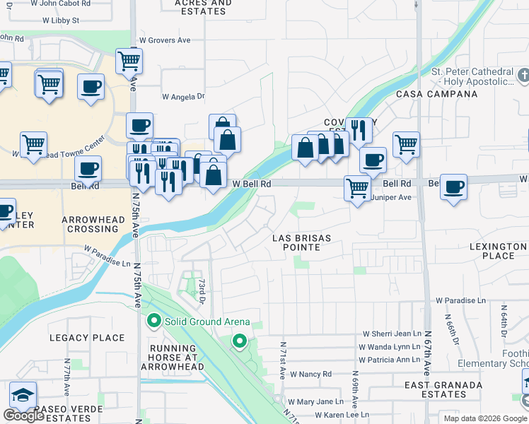 map of restaurants, bars, coffee shops, grocery stores, and more near 7100 West Grandview Road in Peoria