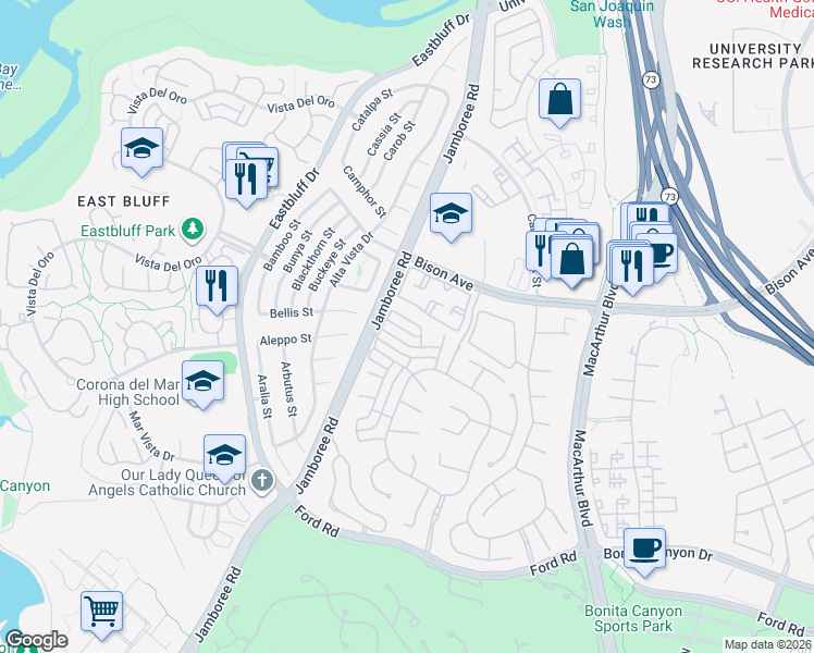 map of restaurants, bars, coffee shops, grocery stores, and more near 17 Spanish Bay Drive in Newport Beach