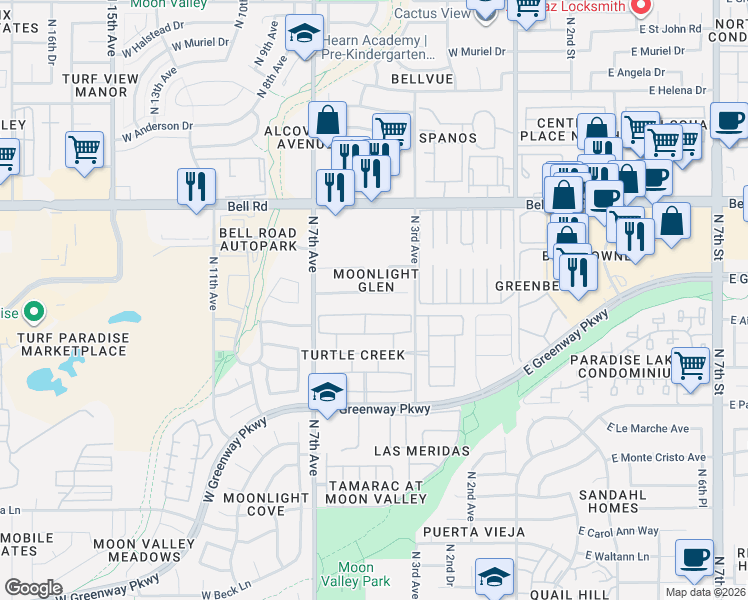 map of restaurants, bars, coffee shops, grocery stores, and more near 16612 North 4th Avenue in Phoenix