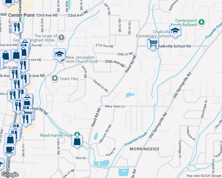 map of restaurants, bars, coffee shops, grocery stores, and more near 1904 Reed Road Northeast in Center Point