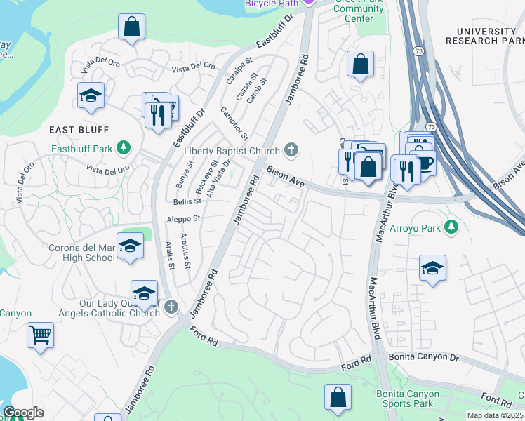 map of restaurants, bars, coffee shops, grocery stores, and more near 17 Spanish Bay Drive in Newport Beach