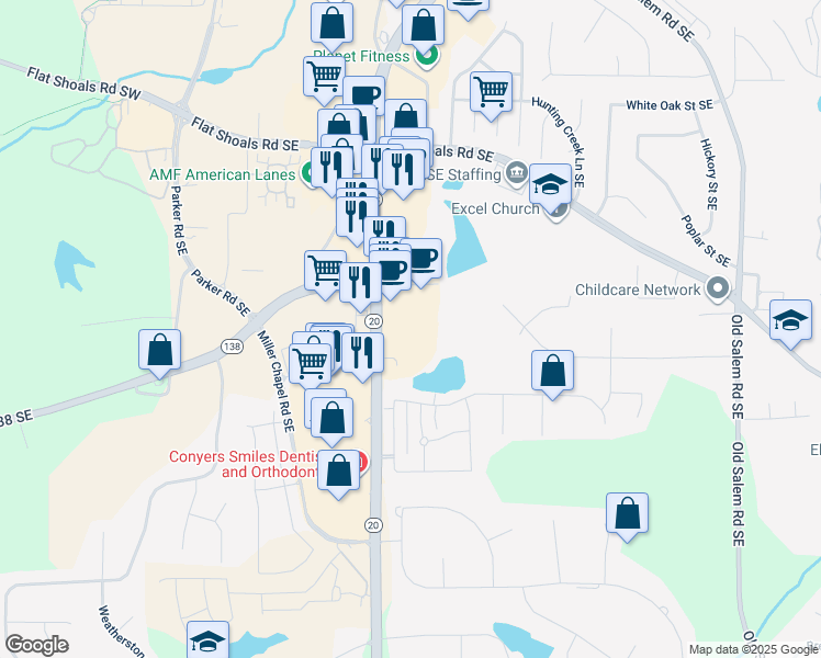 map of restaurants, bars, coffee shops, grocery stores, and more near 1910 Highway 20 in Conyers