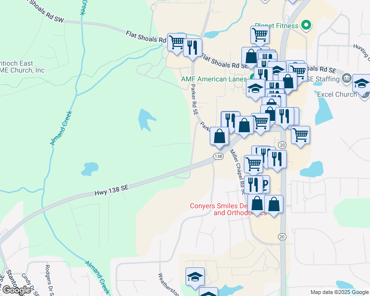 map of restaurants, bars, coffee shops, grocery stores, and more near 1967 Parker Road Southeast in Conyers