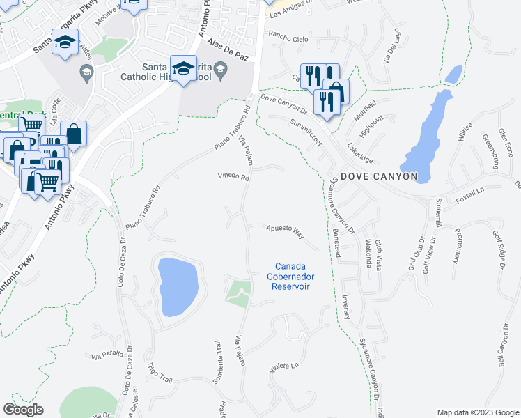 map of restaurants, bars, coffee shops, grocery stores, and more near 22442 Vía Pajaro in Coto de Caza