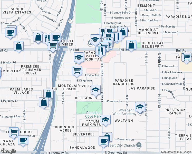 map of restaurants, bars, coffee shops, grocery stores, and more near 16620 North 40th Street in Phoenix