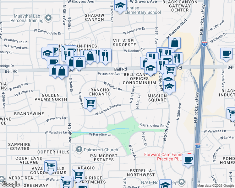 map of restaurants, bars, coffee shops, grocery stores, and more near 3138 West Phelps Road in Phoenix