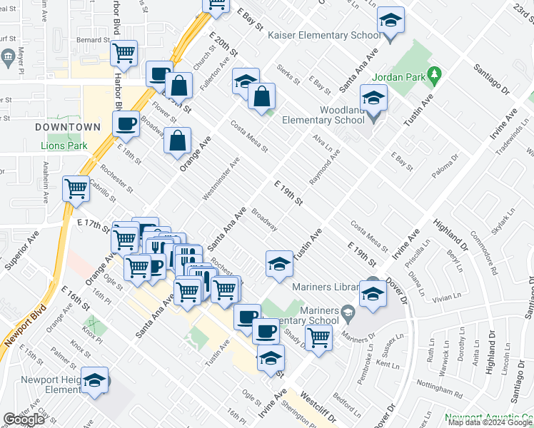 map of restaurants, bars, coffee shops, grocery stores, and more near 303 Flower Street in Costa Mesa